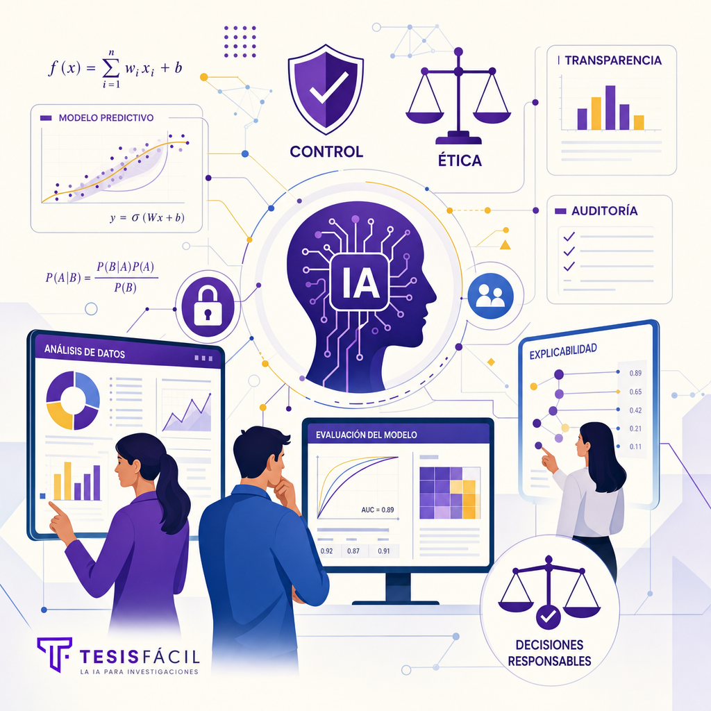 Representación gráfica moderna que simboliza el control y la ética en inteligencia artificial con elementos matemáticos y tecnológicos.
