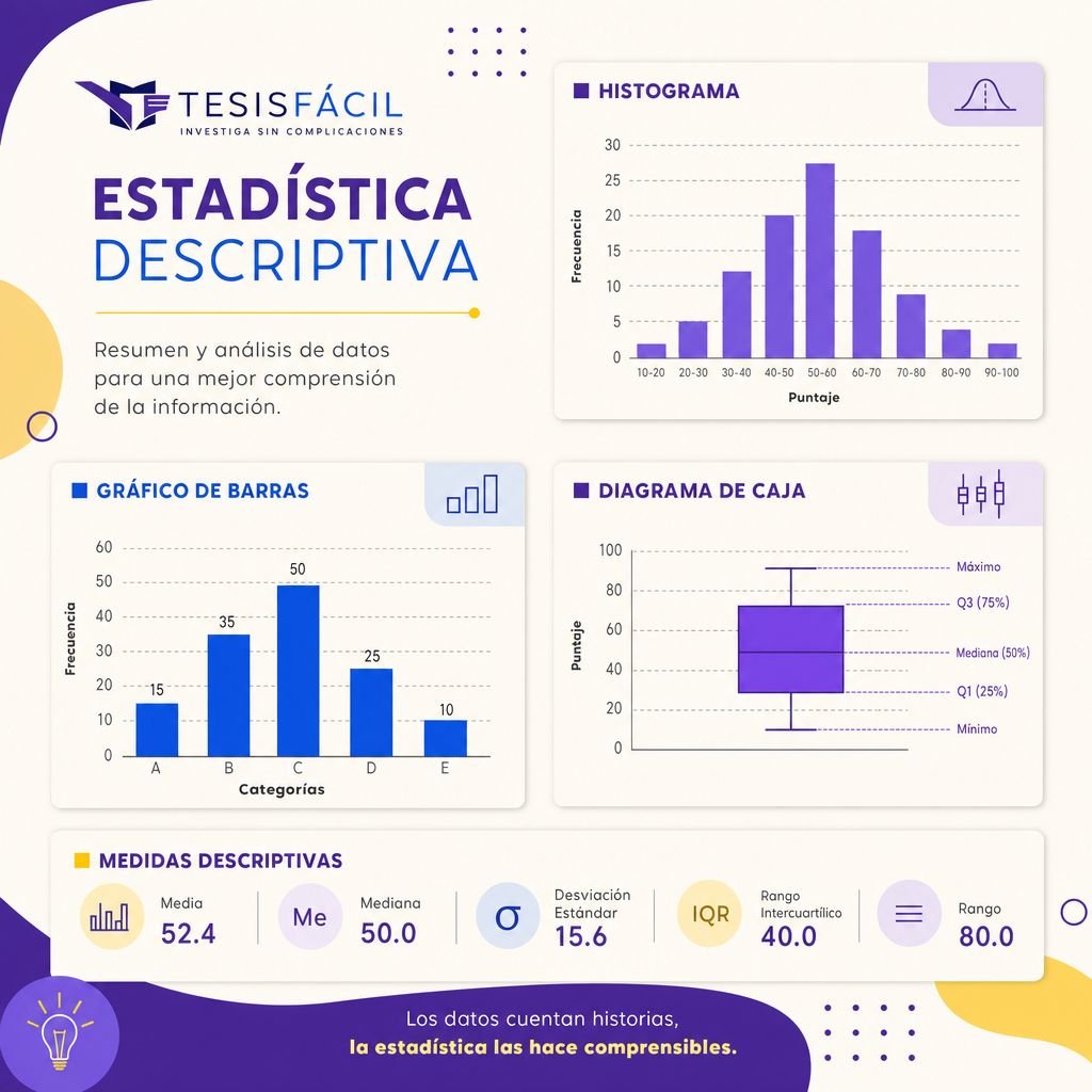 Gráficos estadísticos representando datos mediante tablas, histogramas y diagramas de caja en análisis de estadística descriptiva