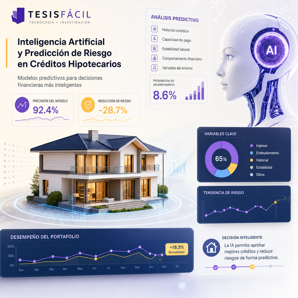 Representación digital moderna de inteligencia artificial aplicada al análisis hipotecario con gráficos y datos financieros en pantalla