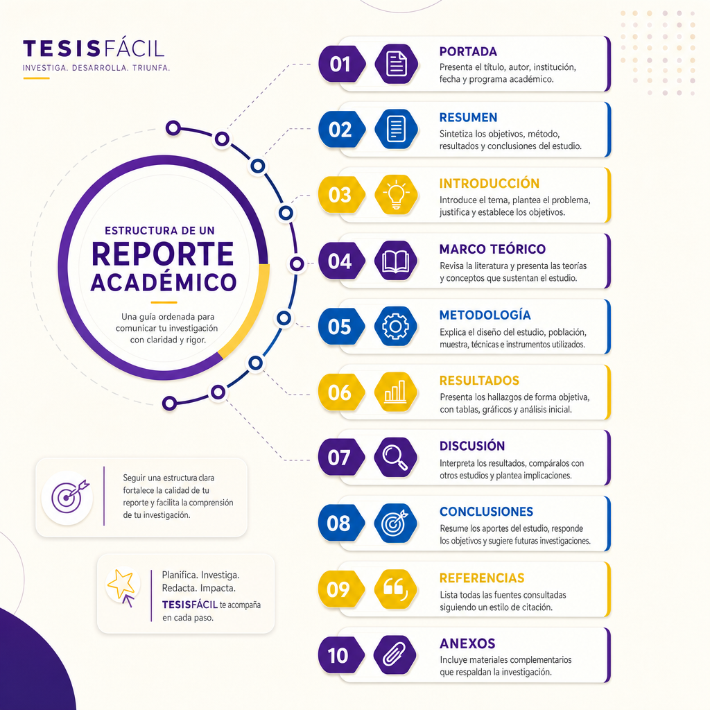 Diagrama esquemático profesional que ilustra la estructura de investigación para un reporte académico con secciones claramente definidas y organizadas