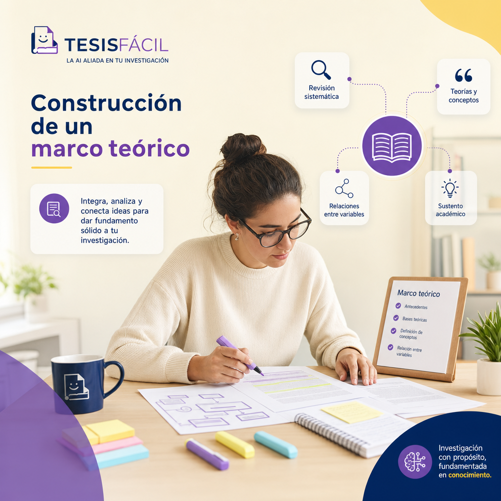Investigador consultando libros y documentos para elaborar un marco teórico sólido para un protocolo de investigación