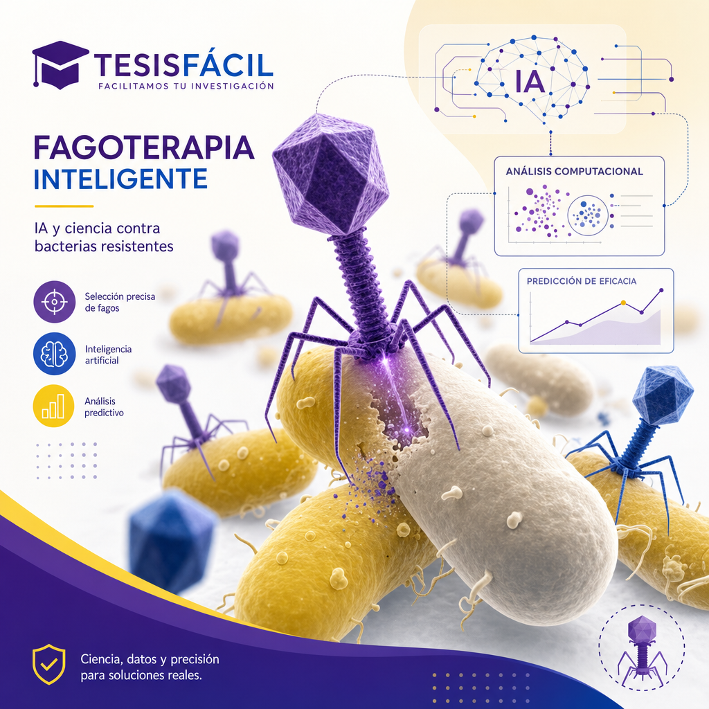 Ilustración conceptual de bacteriófagos diseñados mediante inteligencia artificial atacando bacterias resistentes.