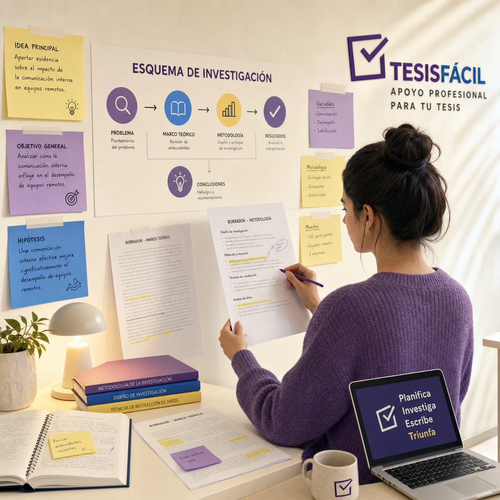 Persona revisando un esquema de trabajo académico en un escritorio ordenado con libros y notas, representando la elaboración de trabajos académicos de calidad