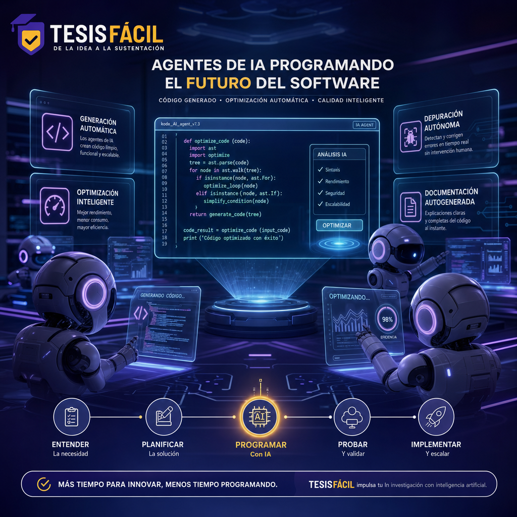 Representación moderna de agentes de programación en IA trabajando en automatización de desarrollo software, resaltando innovación tecnológica y colaboración digital.