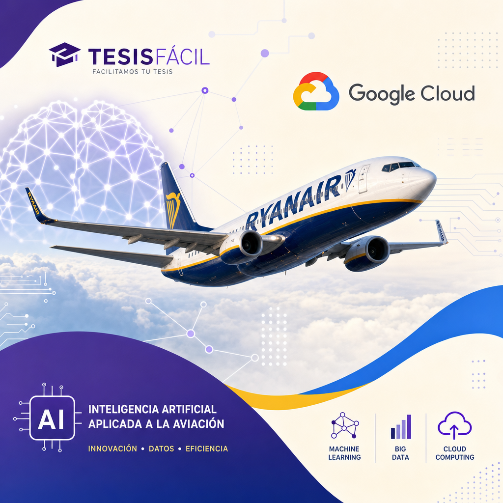 Representación visual de la inteligencia artificial aplicada en operaciones aéreas con elementos de Google Cloud y aviones de Ryanair en fondo moderno
