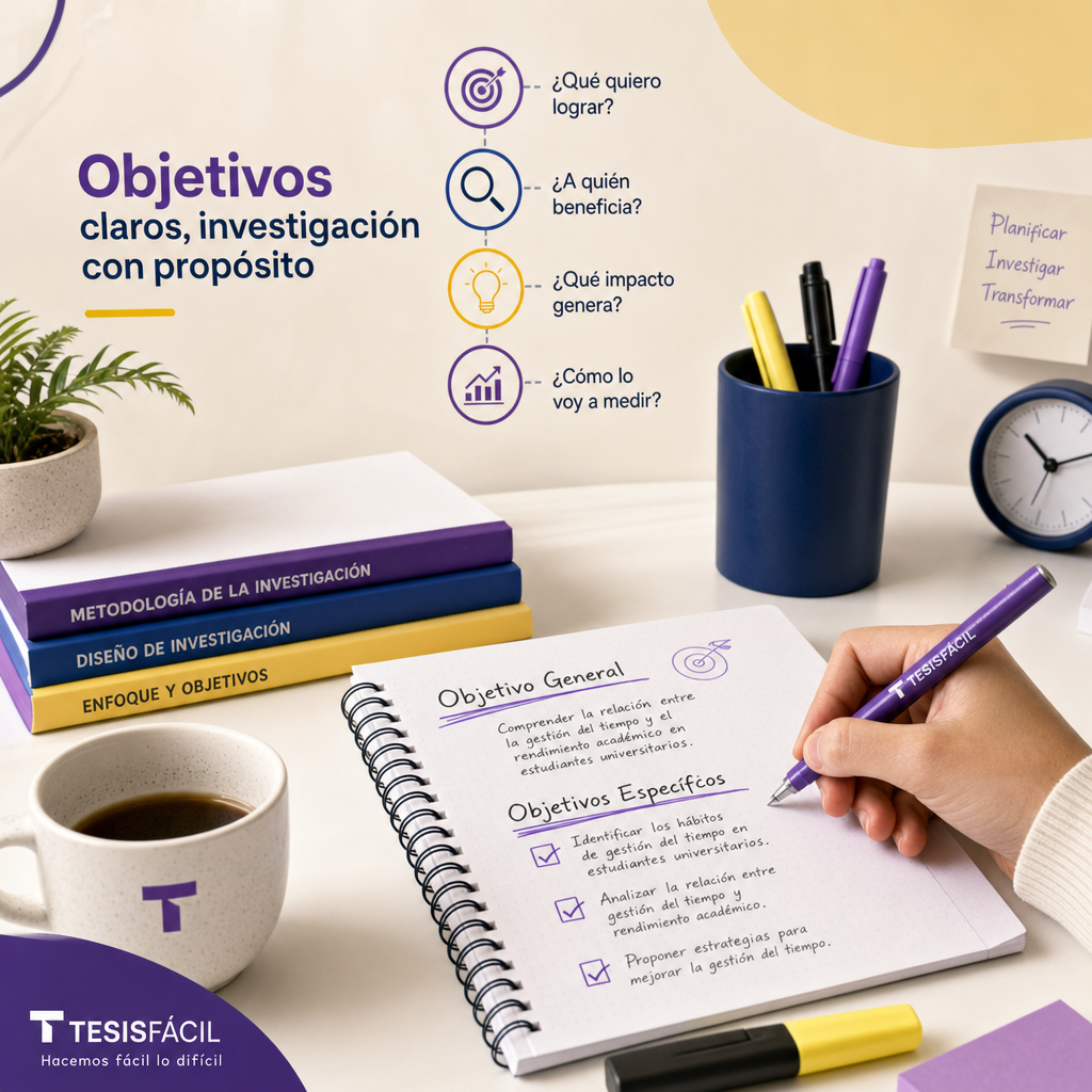 Documento académico con texto de objetivos claros y efectivos en un entorno de estudio profesional