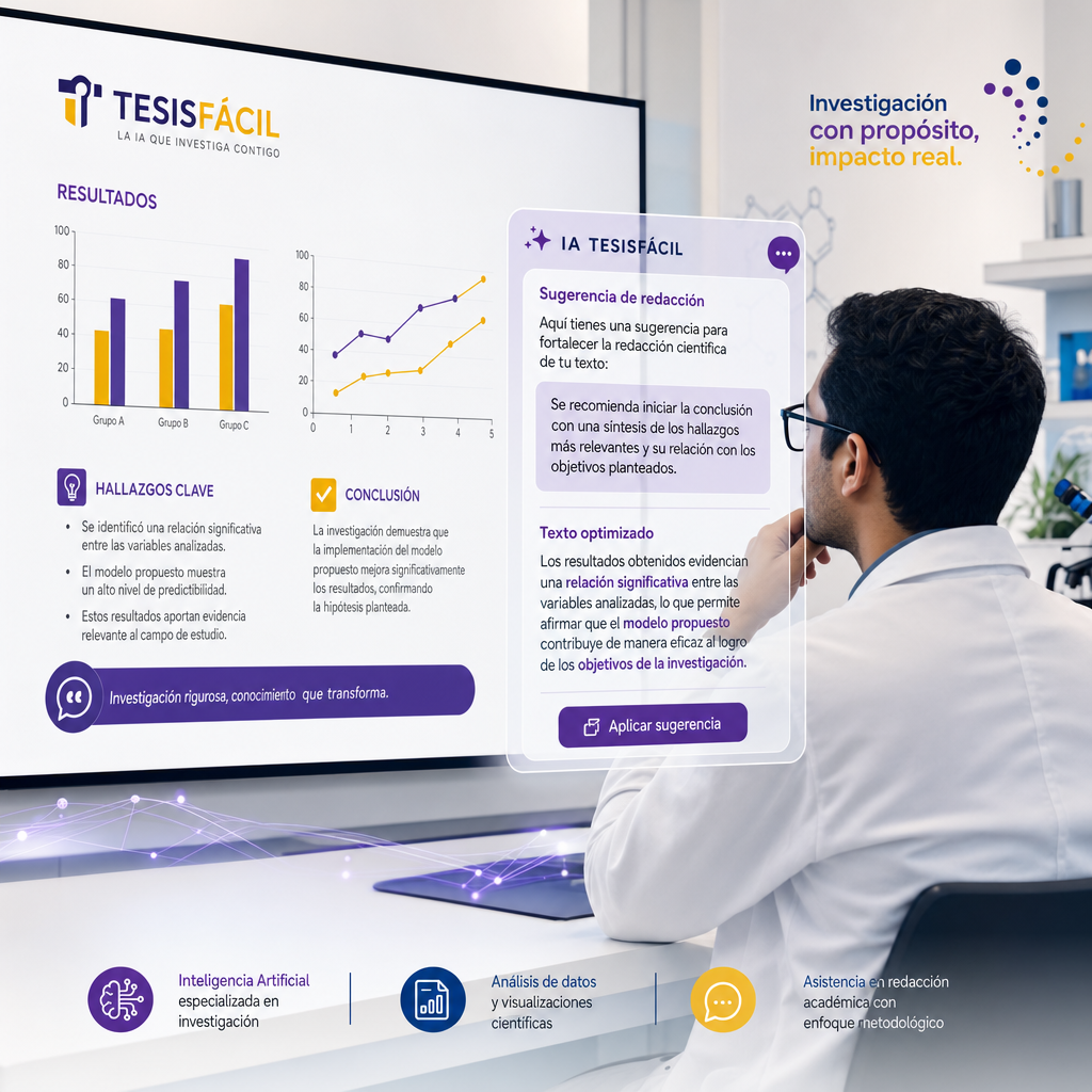 Investigador revisando documentos científicos asistido por inteligencia artificial, representando el uso ético de la IA en la redacción científica