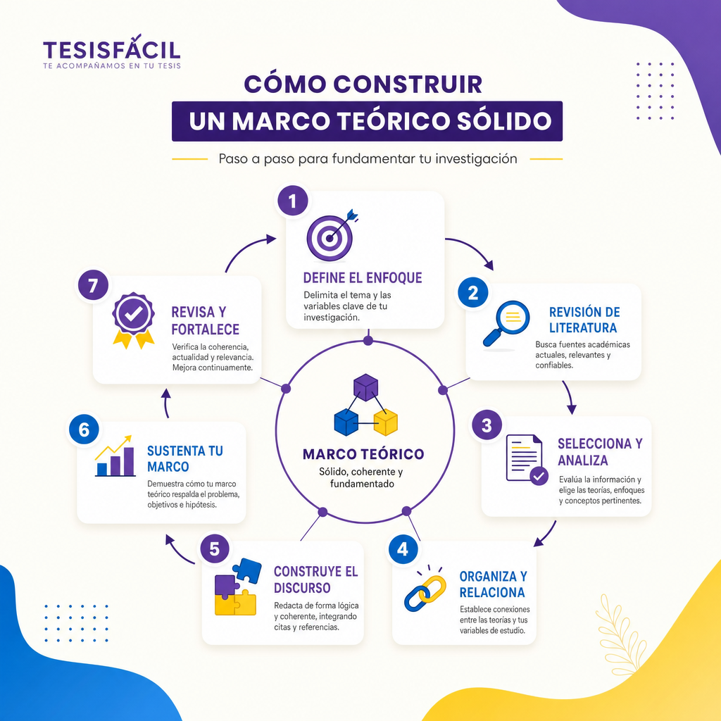 Esquema visual del proceso de elaboración de un marco teórico sólido para una investigación académica