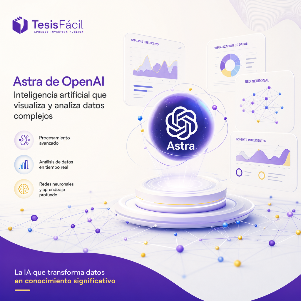 Representación gráfica profesional de la inteligencia artificial Astra de OpenAI analizando datos complejos en un entorno tecnológico avanzado