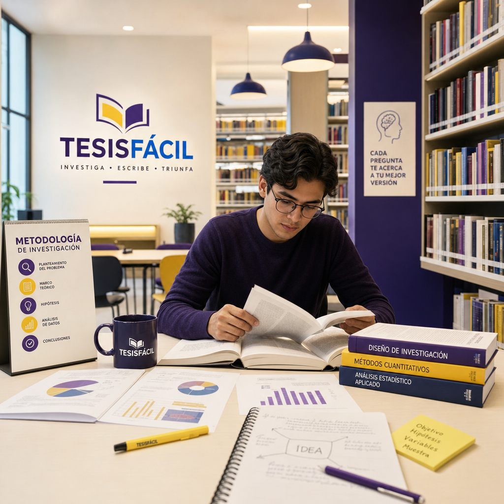 Investigador revisando literatura académica en una biblioteca moderna para elaborar un estado del arte riguroso