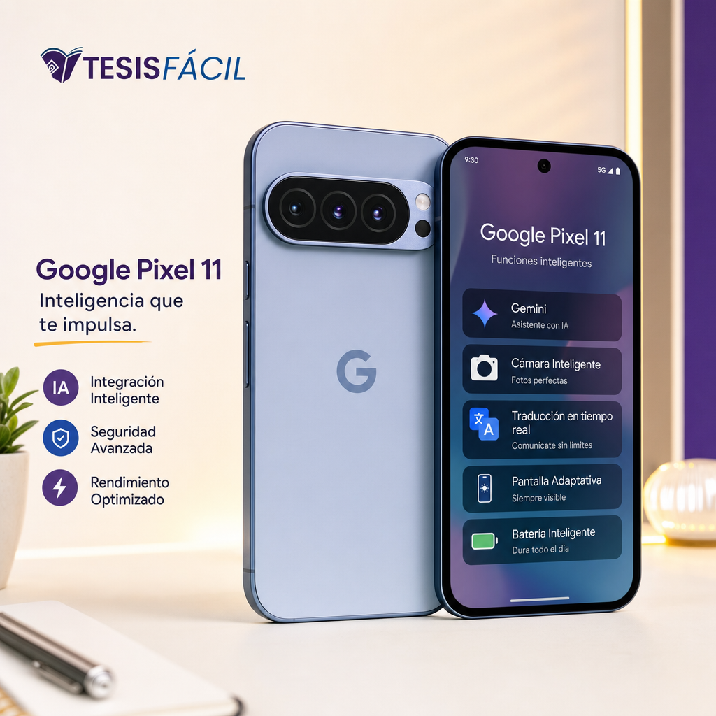 Primer plano del Google Pixel 11 mostrando su cámara trasera avanzada y pantalla encendida con interfaz de IA