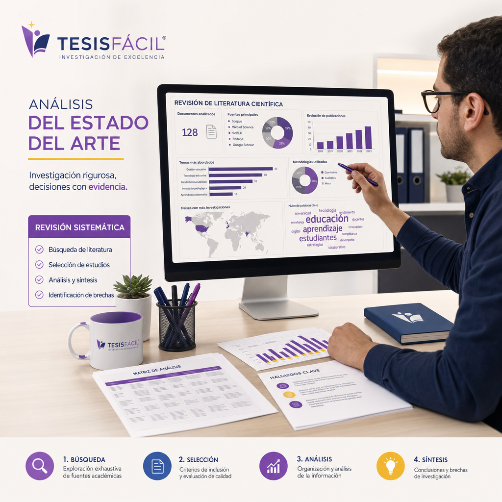 Investigador elaborando un estado del arte en una computadora con gráficos y fuentes académicas abiertas en pantalla, representando el proceso de revisión y análisis crítico.