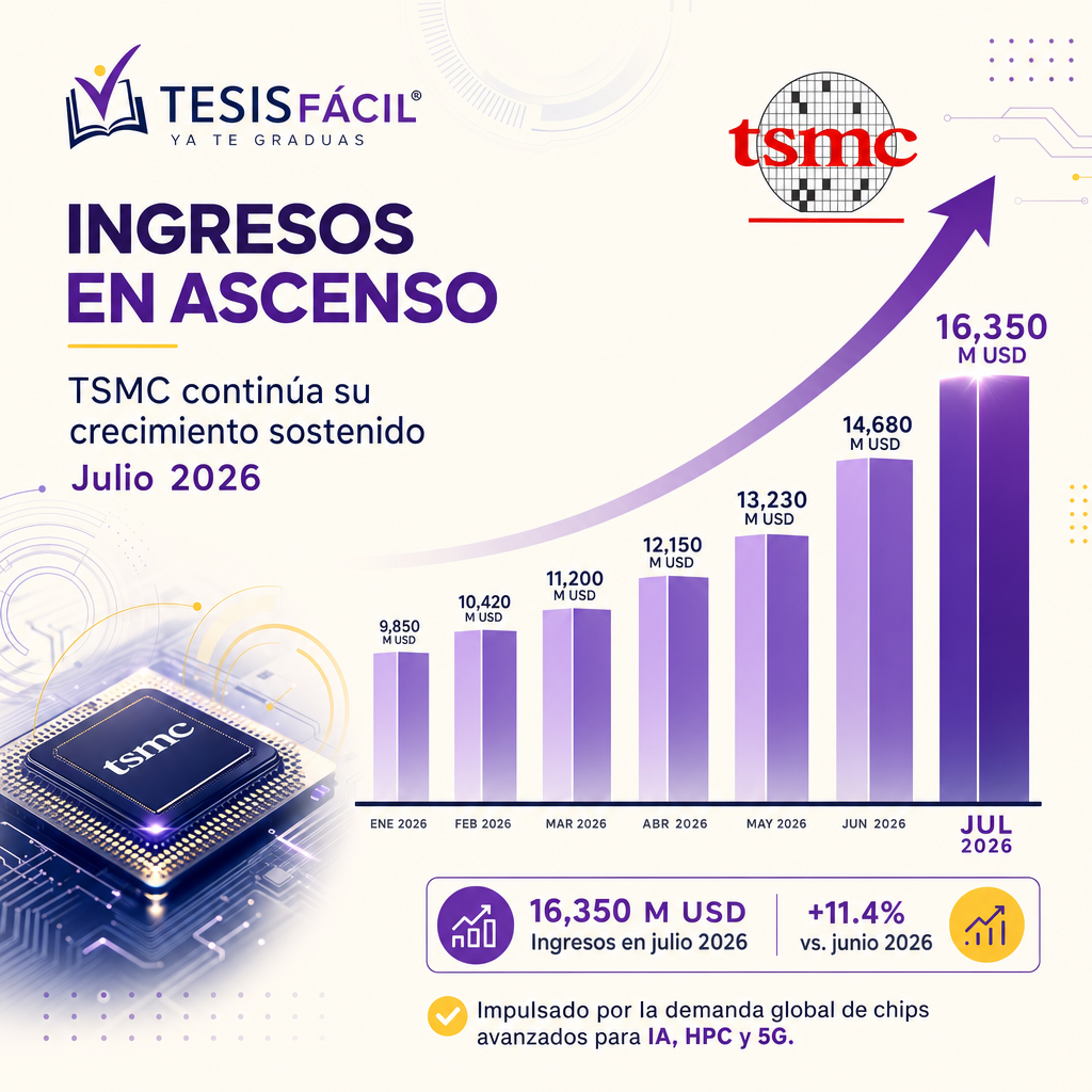 Gráfica de crecimiento récord de ingresos de TSMC en el mercado semiconductor durante julio de 2026 con representación moderna que refleja innovación tecnológica