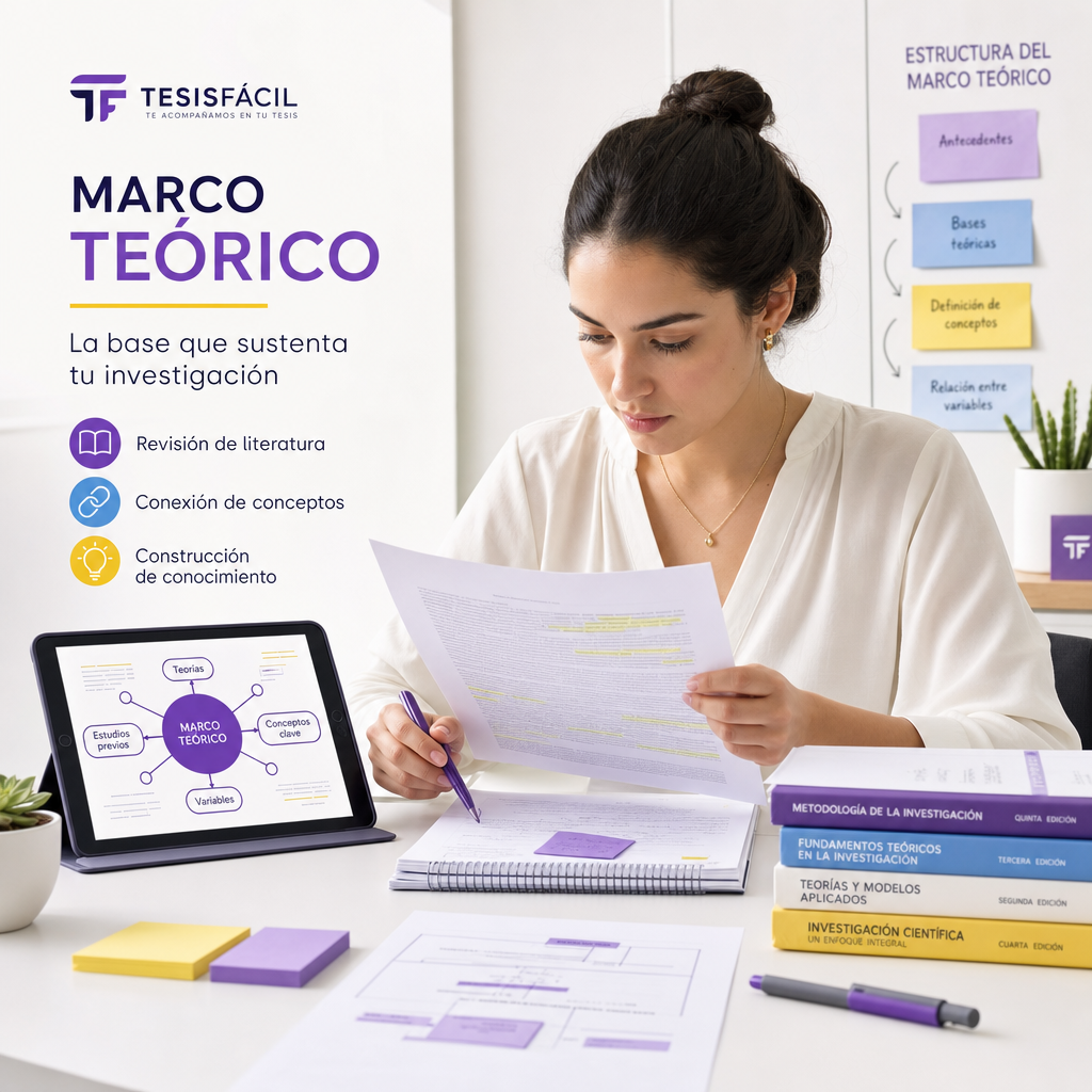 Investigadora analizando documentos y generando un marco teorico solido para tesis academica en ambiente profesional y moderno
