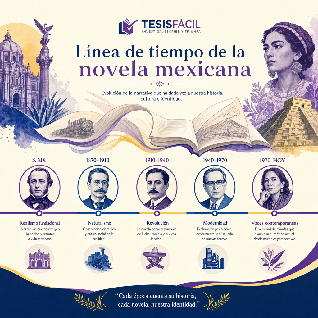 Representación visual de la evolución histórica de la novela en México con autores emblemáticos y escenas literarias.
