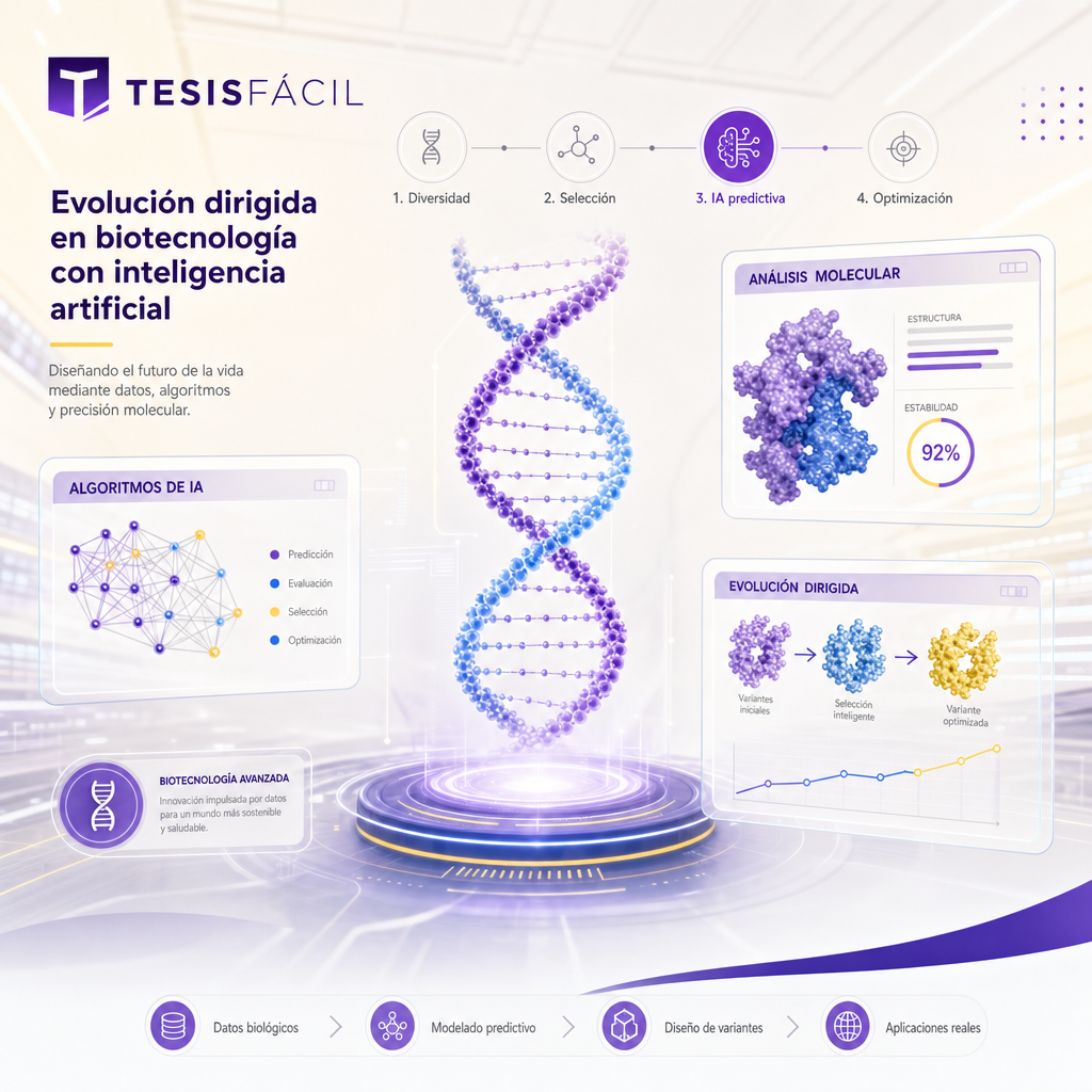 Representación gráfica de inteligencia artificial aplicada a evolución dirigida en biotecnología con gráficos y moléculas interconectadas