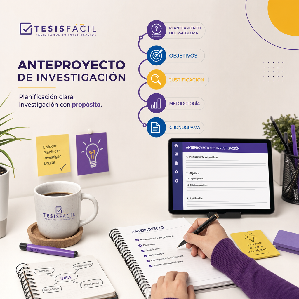 Persona escribiendo un anteproyecto de investigación con ordenador y cuaderno, mostrando organización y planificación académica detallada