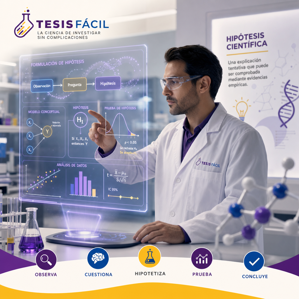 Investigador analizando diagramas y fórmulas científicas que representan la formulación de hipótesis en investigación