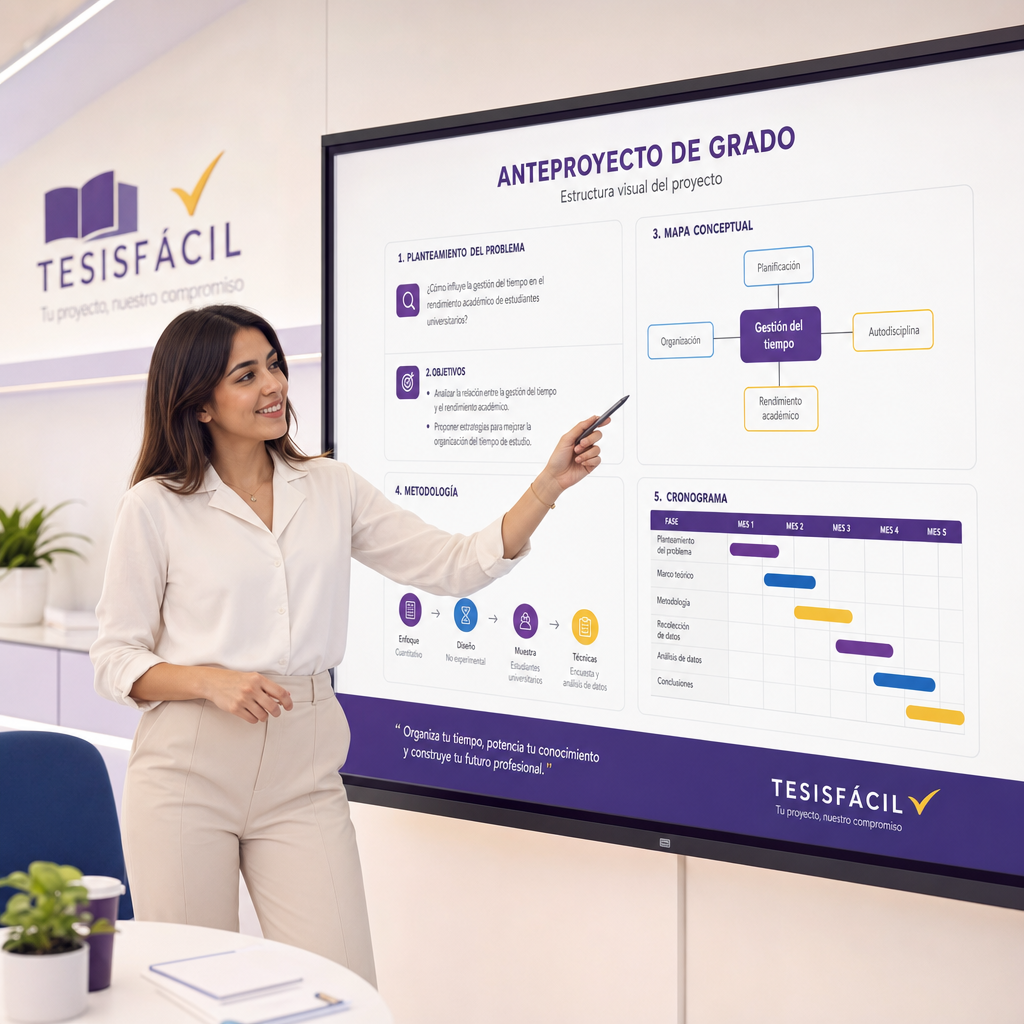 Estudiante profesional presentando un anteproyecto de grado en formato digital con gráficos y planificación clara