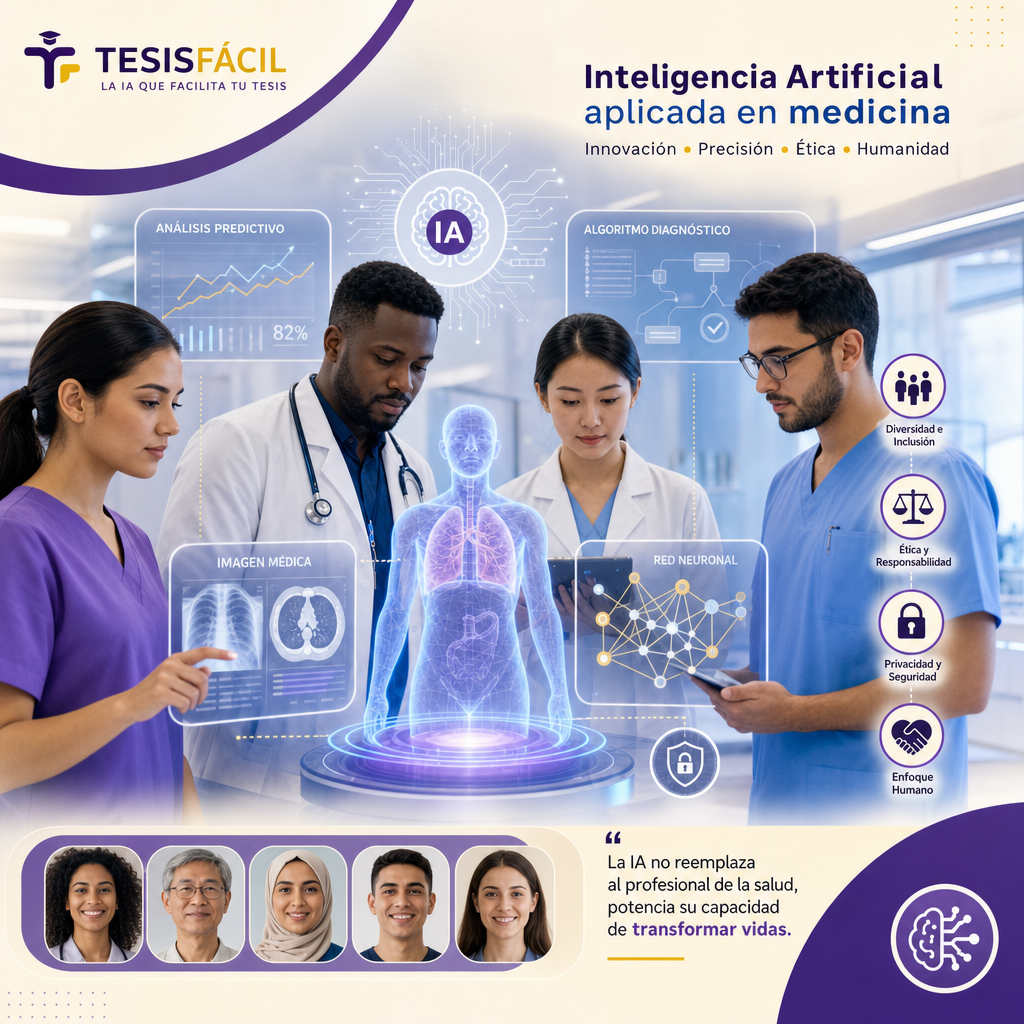 Ilustración conceptual de inteligencia artificial en medicina mostrando diversidad racial y de género para representar los sesgos y equidad en modelos médicos