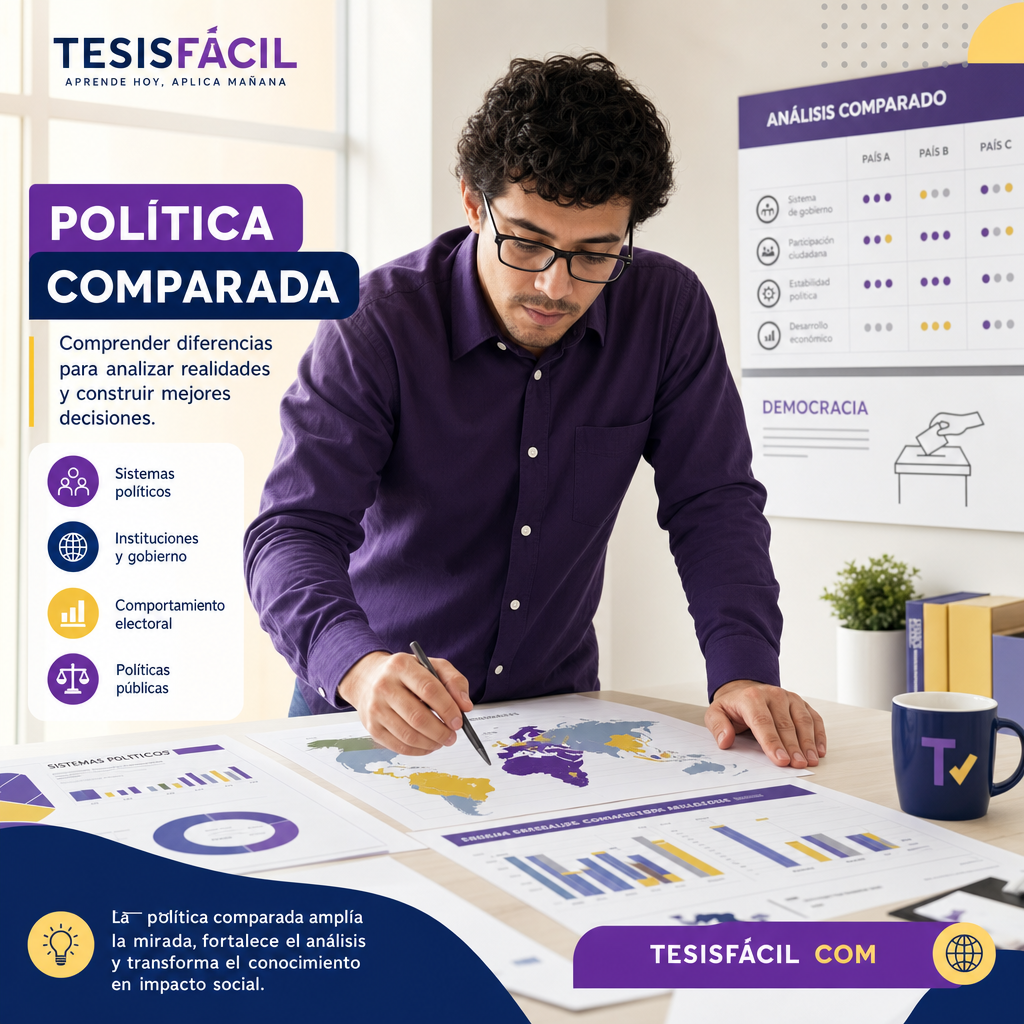 Investigador analizando datos y documentos para un texto investigativo de política comparada en un entorno profesional.