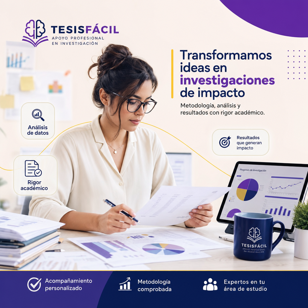 Investigadora diseñando un proyecto de investigación con gráficos y documentos en su mesa, reflejando planificación y metodología clara