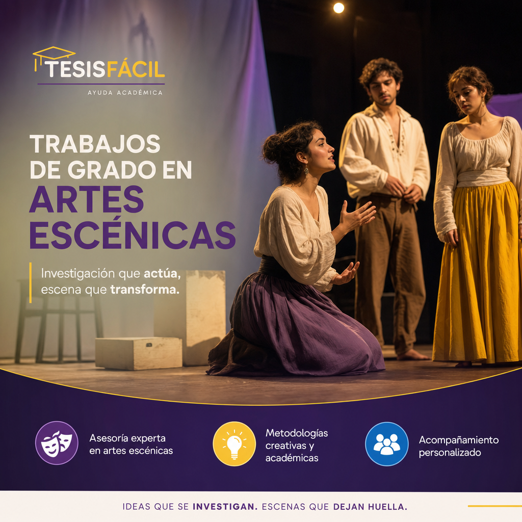 Representación escénica creativa durante un montaje final de trabajo de grado en artes escénicas, con luces cálidas y un ambiente profesional.