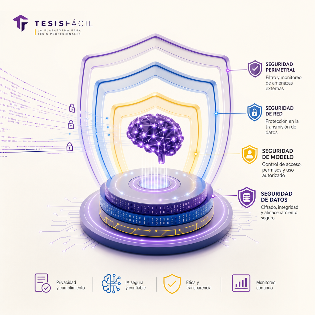 Representación visual de capas de seguridad digitales aplicadas a un modelo de inteligencia artificial sofisticado, mostrando protección contra ataques cibernéticos con tonos morados y azules institucionales.