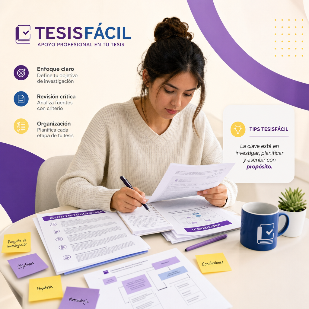 Estudiante revisando lineamientos y estructurando su trabajo de grado con documentos y elementos académicos en un ambiente de estudio profesional