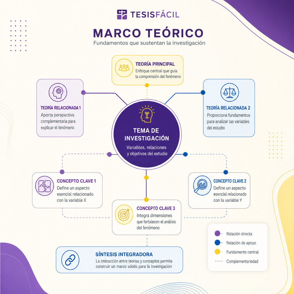 Representación gráfica de conceptos conectados formando un marco teórico sólido para la tesis sobre fondo claro con tonos morado y azul institucional