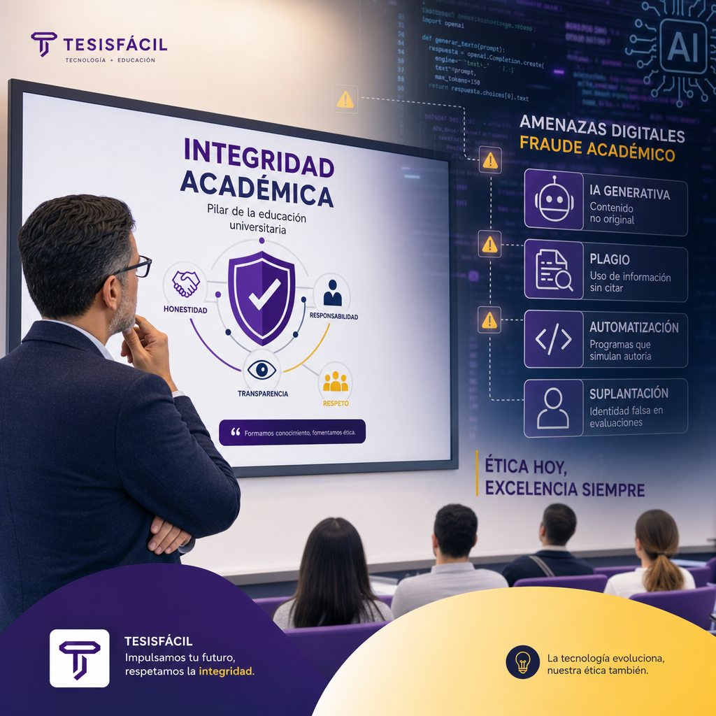 Representación simbólica de la integridad académica frente al fraude con inteligencia artificial en universidades modernas
