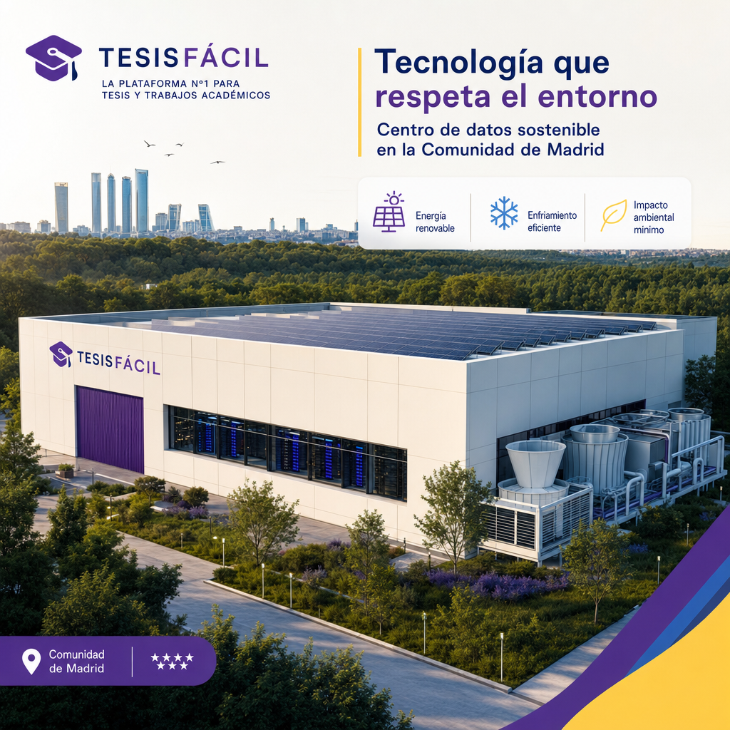 Vista aérea moderna de un centro de datos sostenible en la Comunidad de Madrid con paneles solares y sistemas de enfriamiento ecológicos