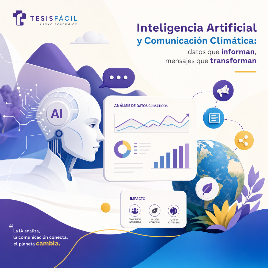 Representación gráfica moderna que muestra la interacción entre inteligencia artificial y comunicación climática, con elementos visuales de datos, naturaleza y tecnología en tonos morados y azules institucionales