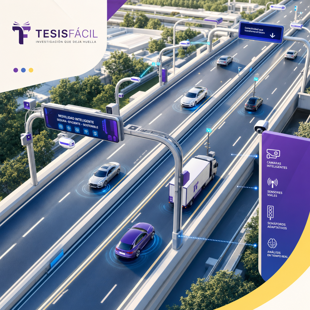 Vista aérea de una autopista moderna con vehículos autónomos circulando bajo una infraestructura vial adaptada con sensores y luces inteligentes