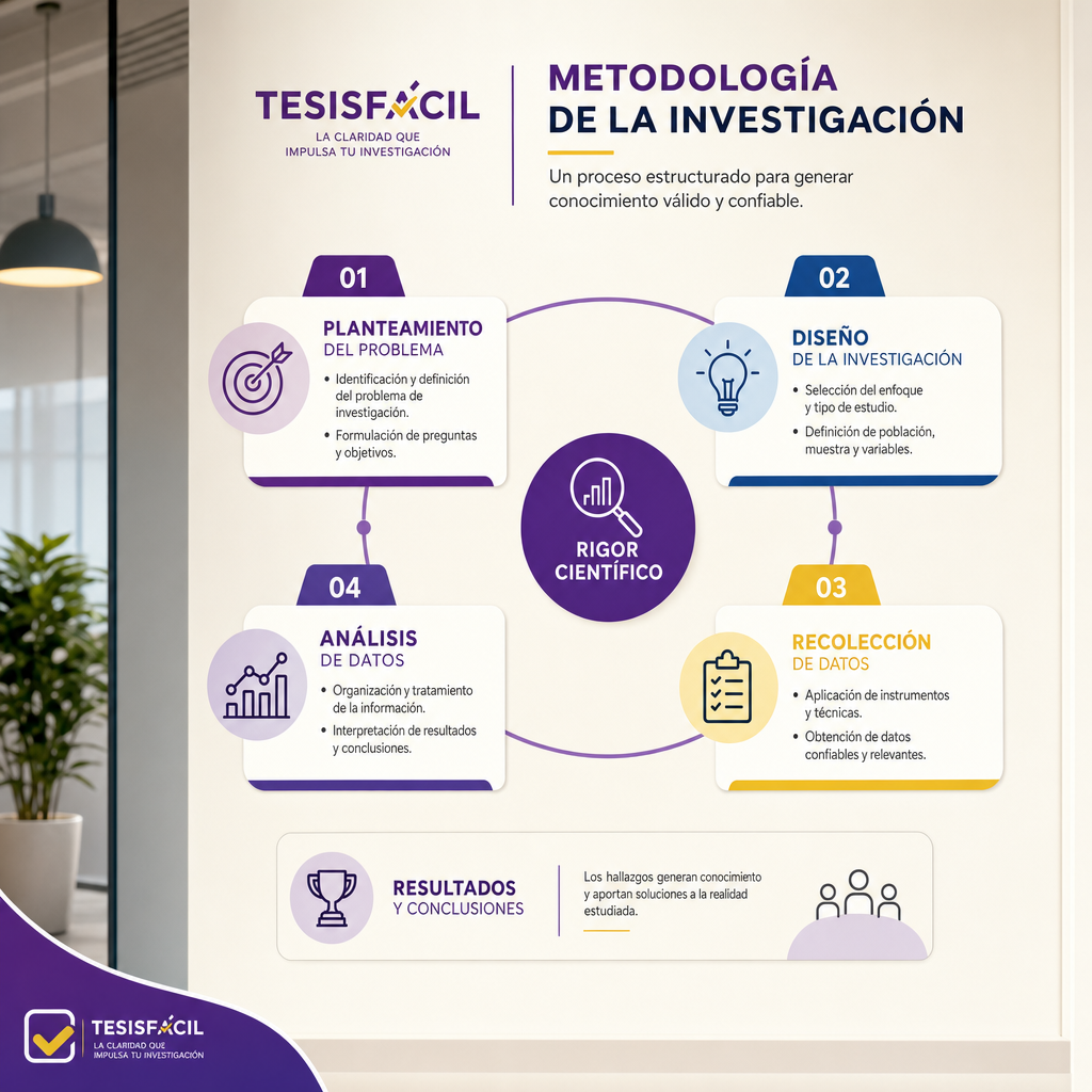 Proceso detallado de metodología de la investigación con diagramas que ilustran las fases desde el planteamiento hasta la presentación de resultados.