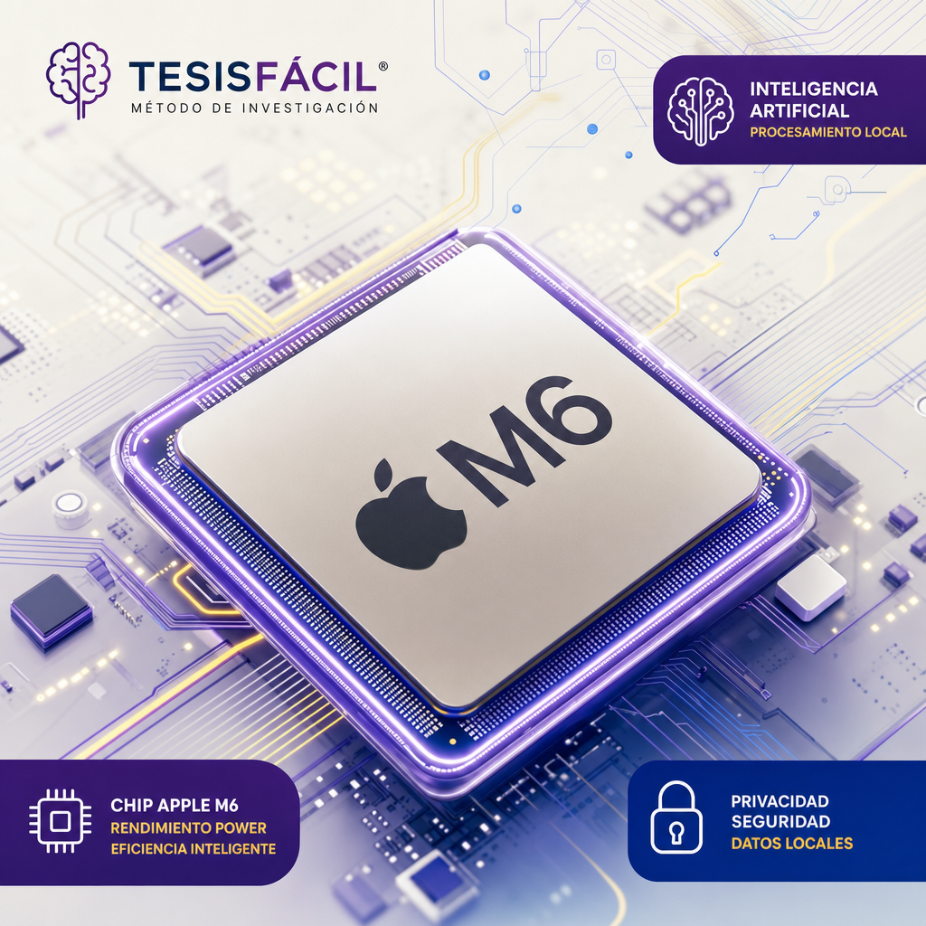 Ilustración moderna de un procesador Apple M6 con elementos gráficos que representan inteligencia artificial y procesamiento local de datos