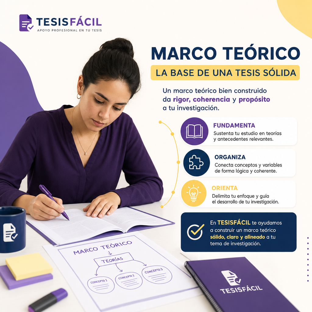 Una persona revisando libros y documentos académicos para elaborar un marco teórico de tesis con un diseño profesional y organizado