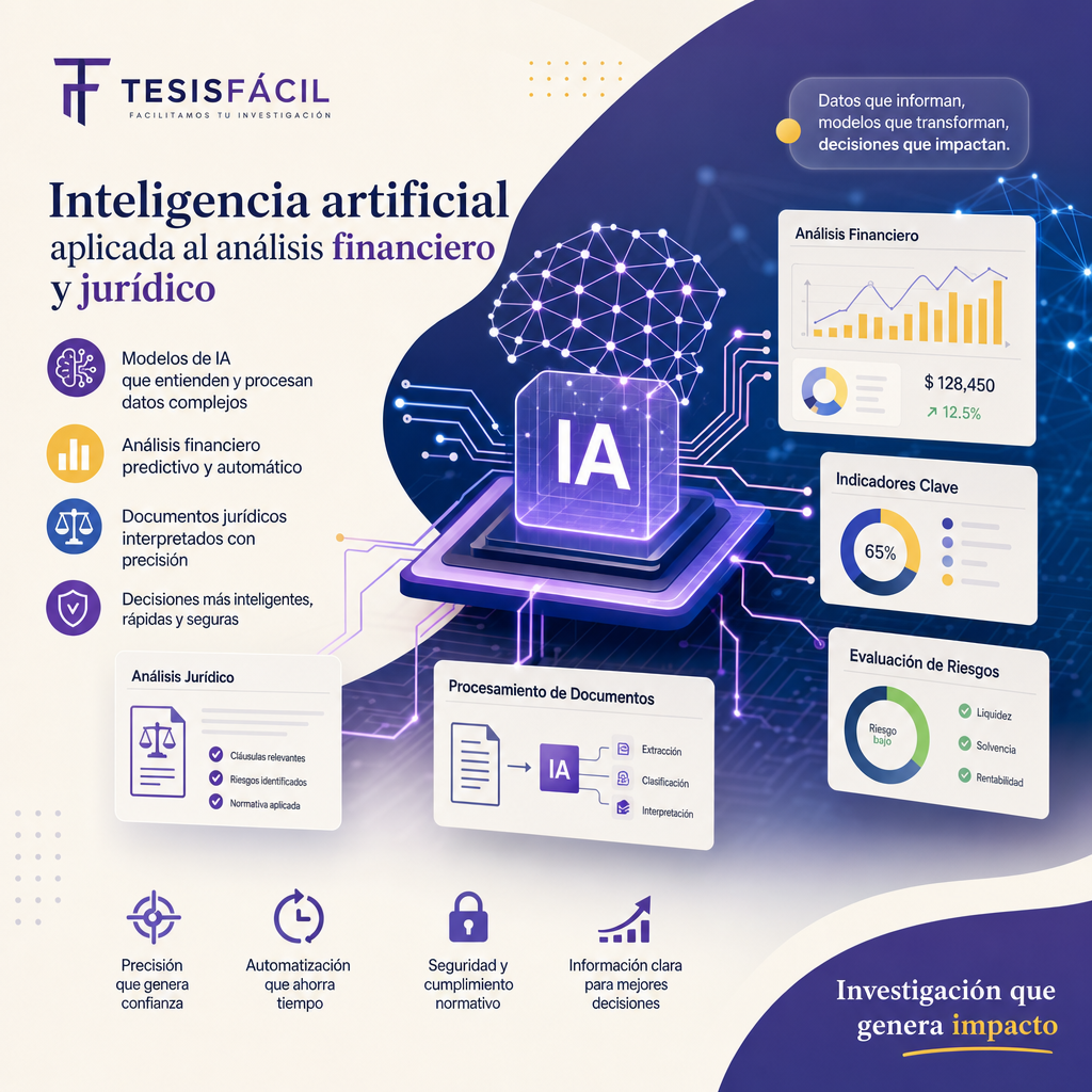 Representación elegante y moderna de inteligencia artificial aplicada en los sectores financiero y jurídico con gráficos y símbolos digitales