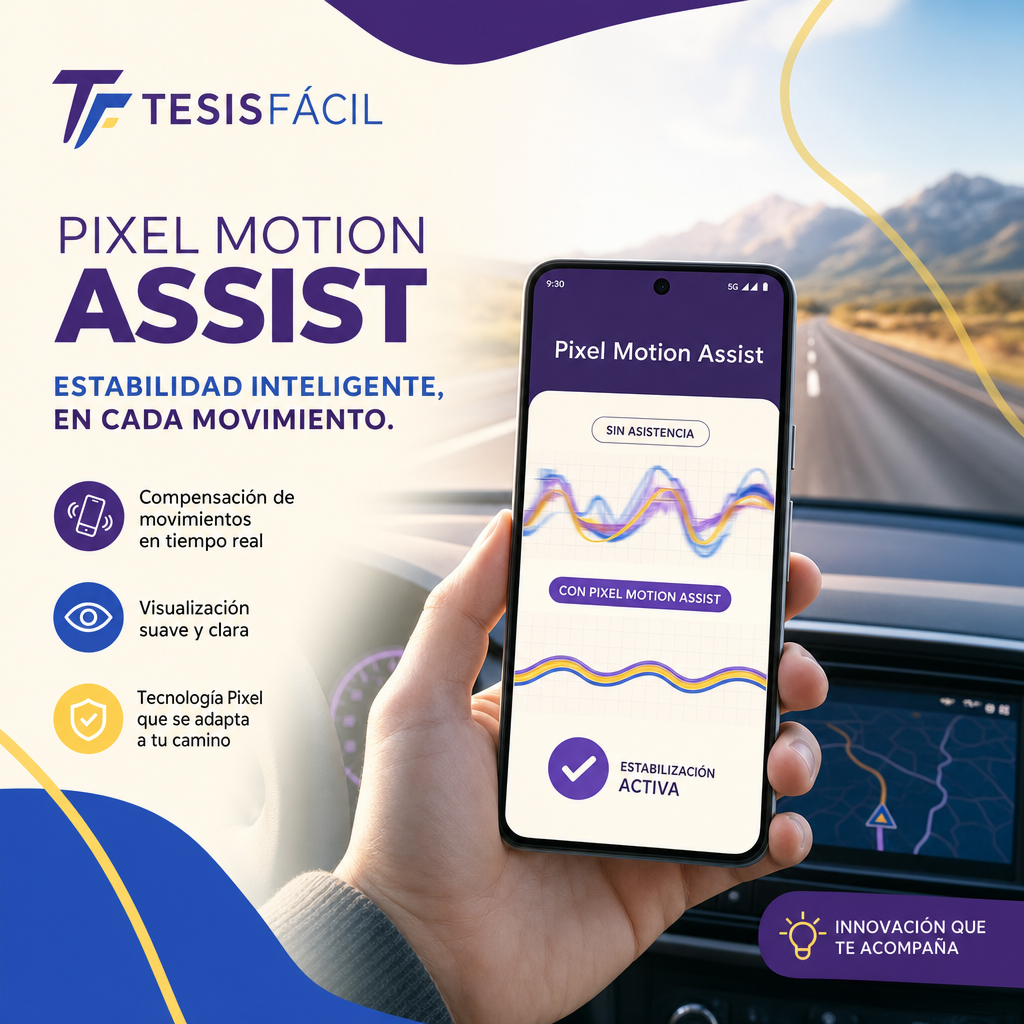 Illustración moderna profesional que muestra un teléfono móvil Google Pixel en un coche en movimiento con gráficos que representan la función Pixel Motion Assist para reducir el mareo al usar el móvil en vehículo.