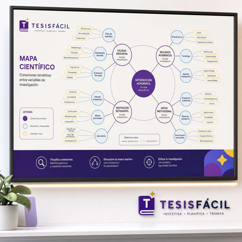Ilustración de un mapa científico con nodos y conexiones en un esquema de red, representando la revisión sistemática y el mapeo científico sobre un fondo con tonos blancos crema, morado, azul y amarillo suave.