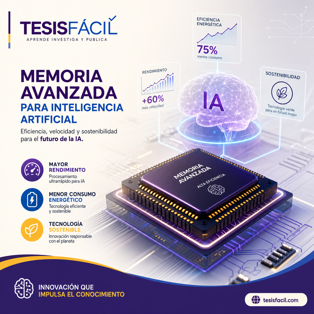Representación de tecnología de memoria avanzada optimizando eficiencia energética en inteligencia artificial con gráficos y diagramas modernos