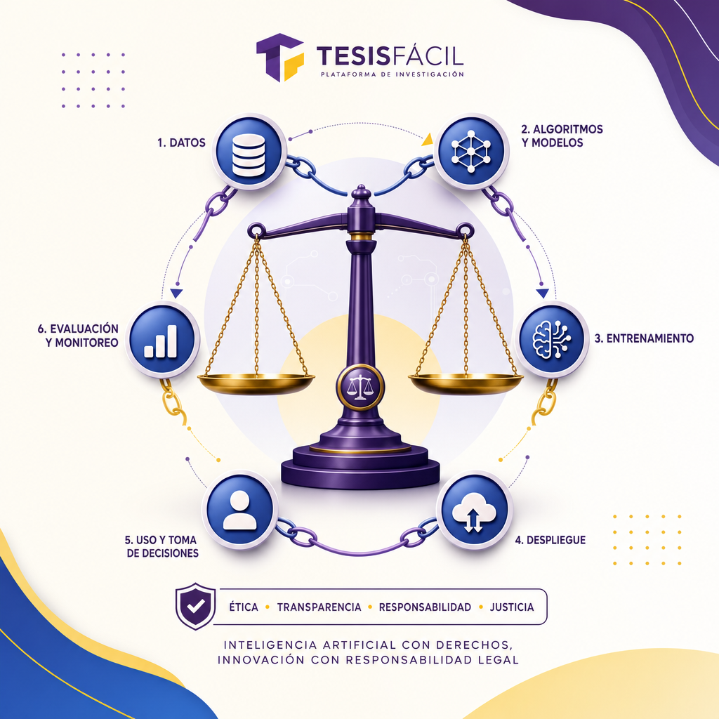 Representación visual de una balanza jurídica que simboliza la justicia aplicada a la regulación de la inteligencia artificial, con elementos tecnológicos y cadenas que representan la cadena de suministro de IA
