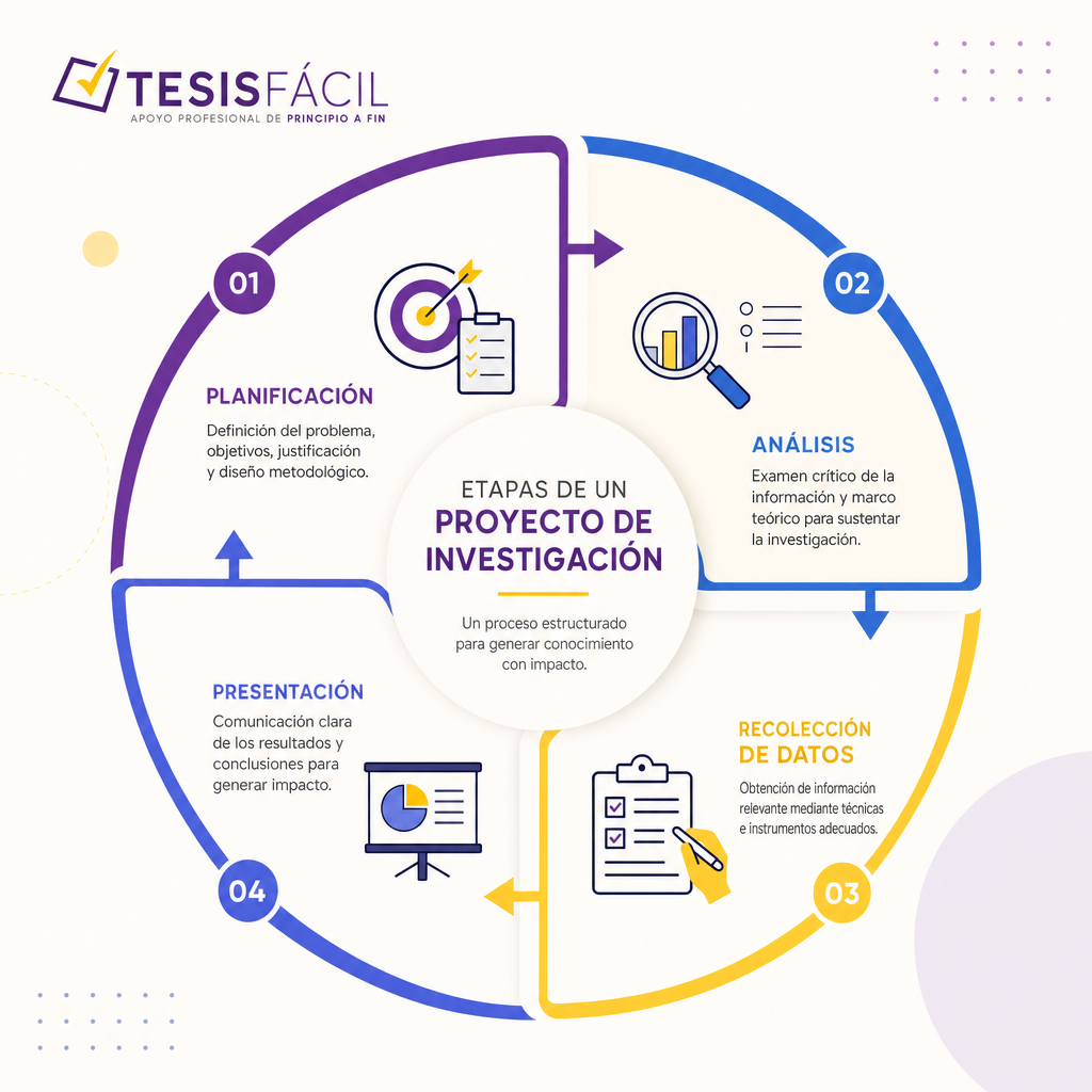 Gráfica ilustrativa de las etapas de un proyecto de investigación con iconos representativos que muestran la planificación, desarrollo y presentación del estudio