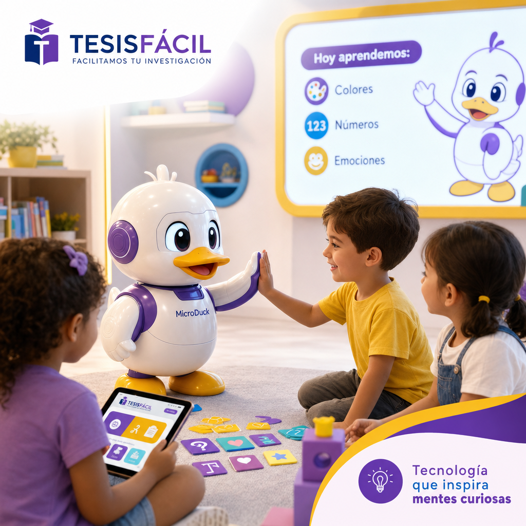 MicroDuck robot con forma de pato realizando actividades lúdicas y educativas en un ambiente moderno y seguro