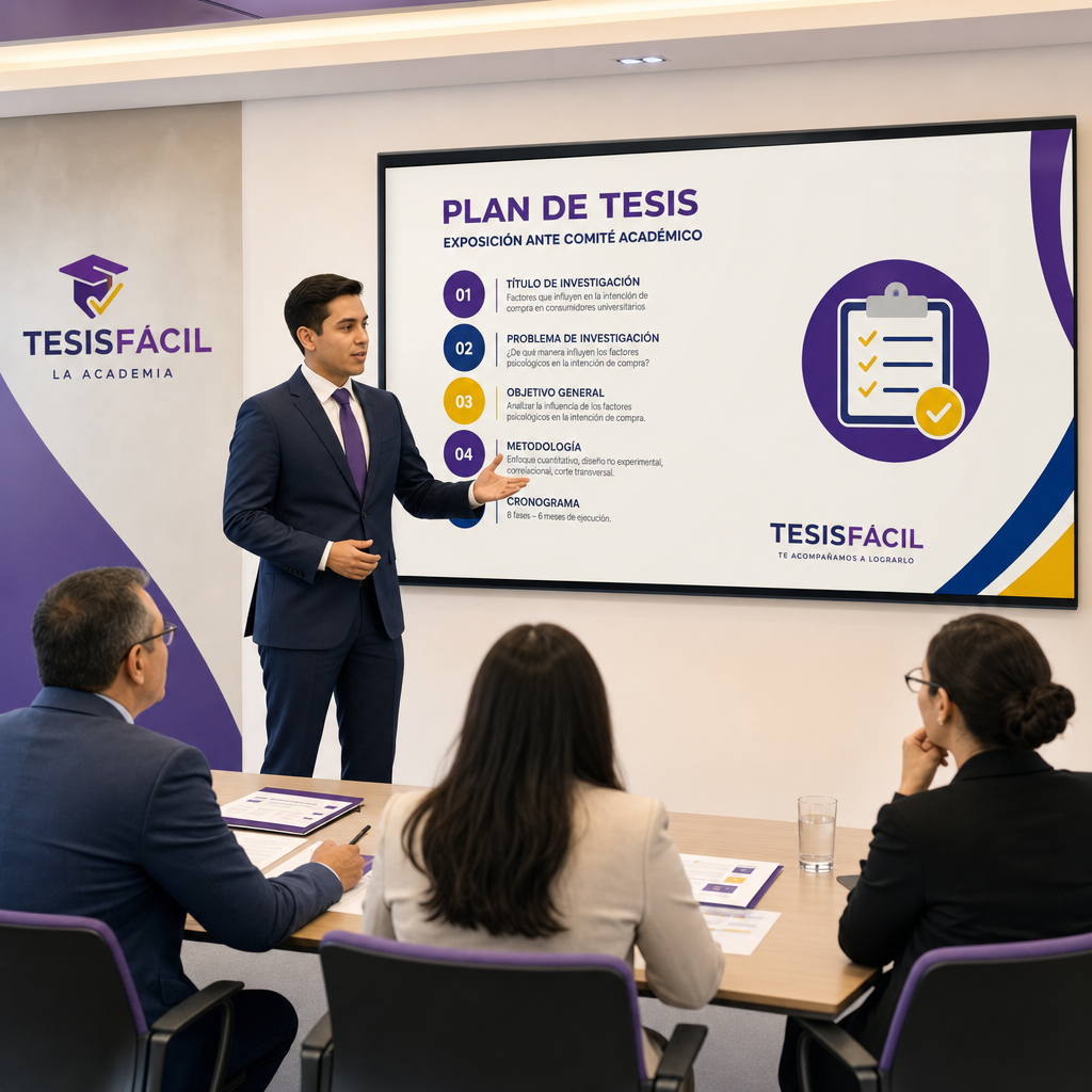 Ilustración profesional de estudiante universitario presentando un plan de tesis detallado en una reunión académica, mostrando confianza y claridad en la exposición.