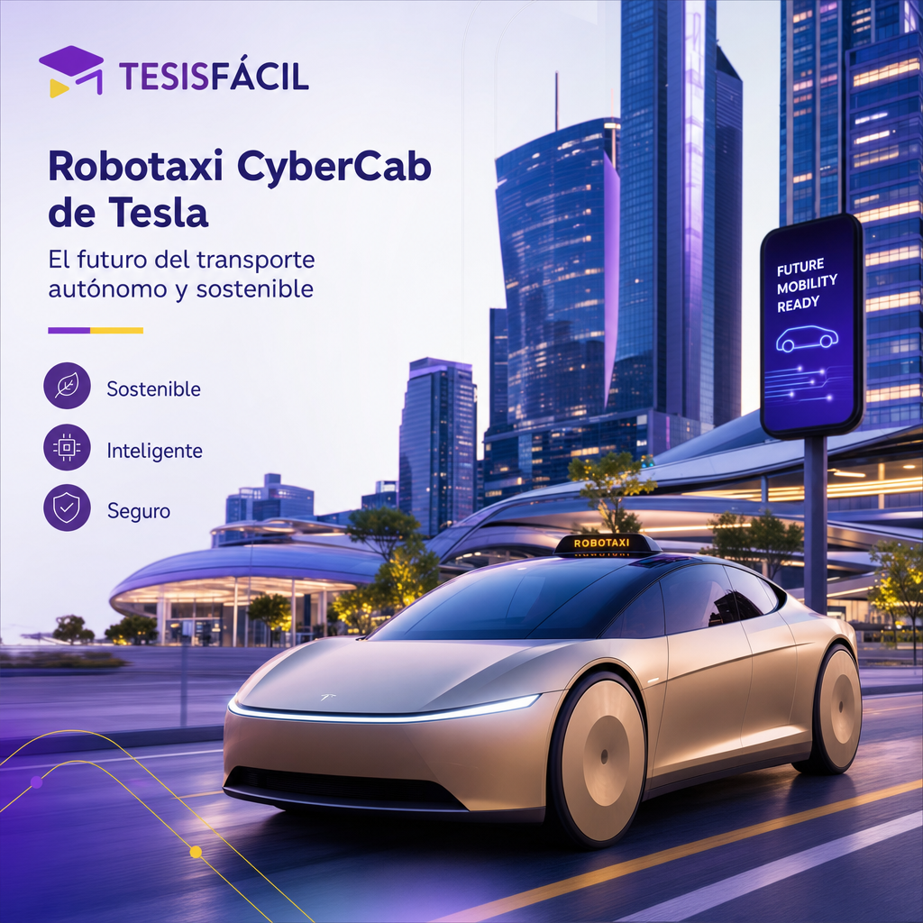 Robotaxi CyberCab de Tesla en una ciudad futurista con diseño moderno y tecnología avanzada en un ambiente urbano limpio y sostenible