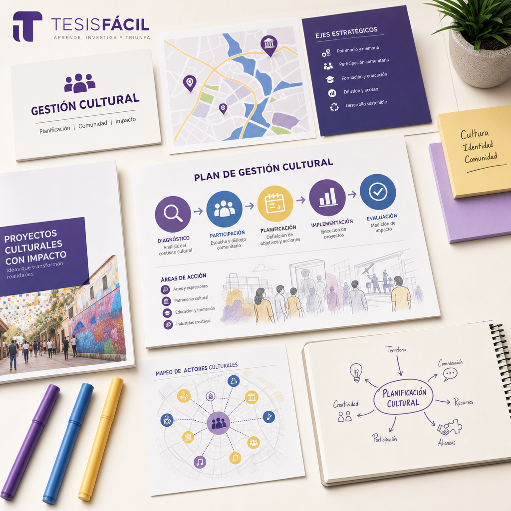 Mesa de trabajo con documentos, planos y mapas culturales para planificación en gestión cultural