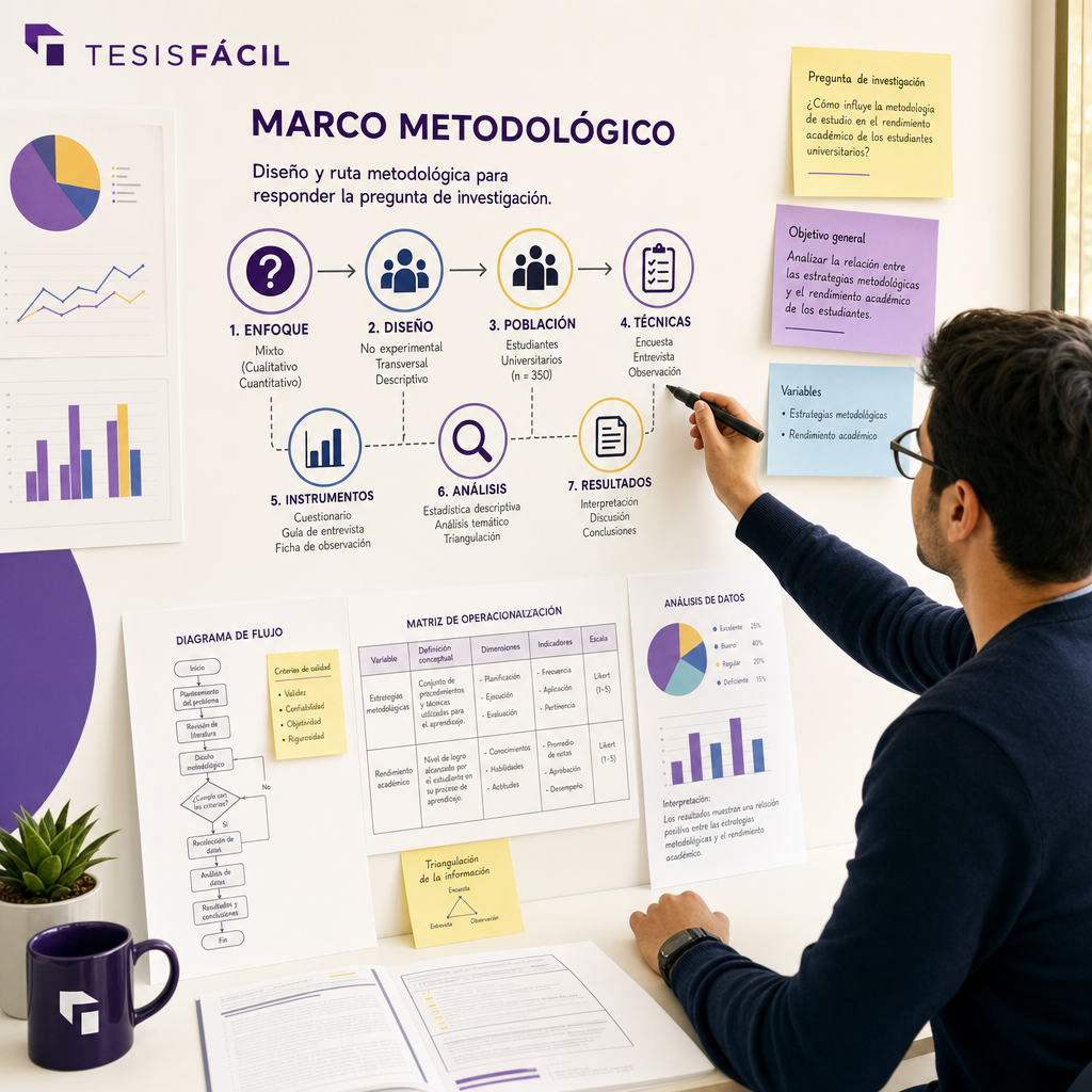 Investigador elaborando un marco metodológico detallado con libros, gráficos y notas, representando un enfoque profesional y ordenado en investigación académica