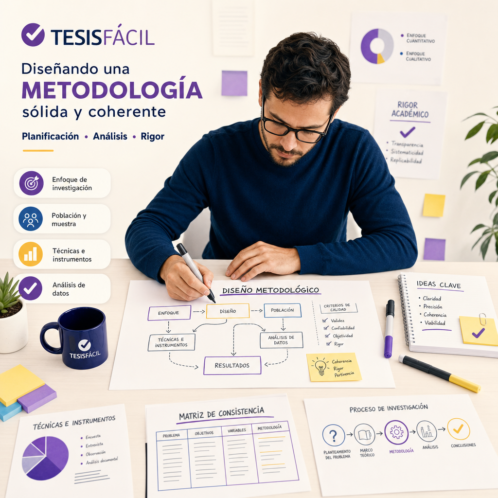Un investigador desarrollando la metodología para tesis con diagramas y esquemas en una mesa moderna, mostrando planificación y organización del proceso de investigación