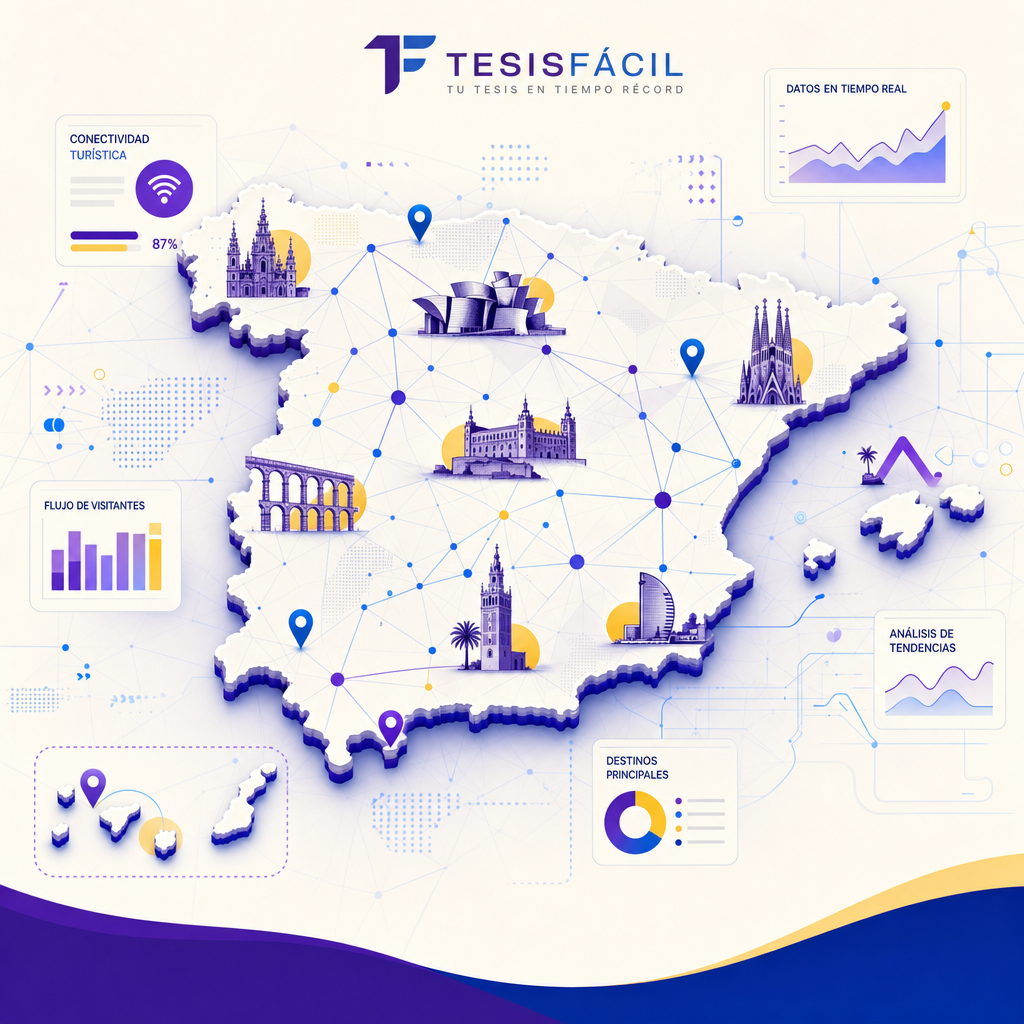 Representación moderna de la inteligencia artificial aplicada en la industria de viajes en España, mostrando conexiones digitales sobre mapas turísticos.